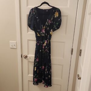 Dkny Blue and Purple Wrap Midi Dress with Puff Sleeves